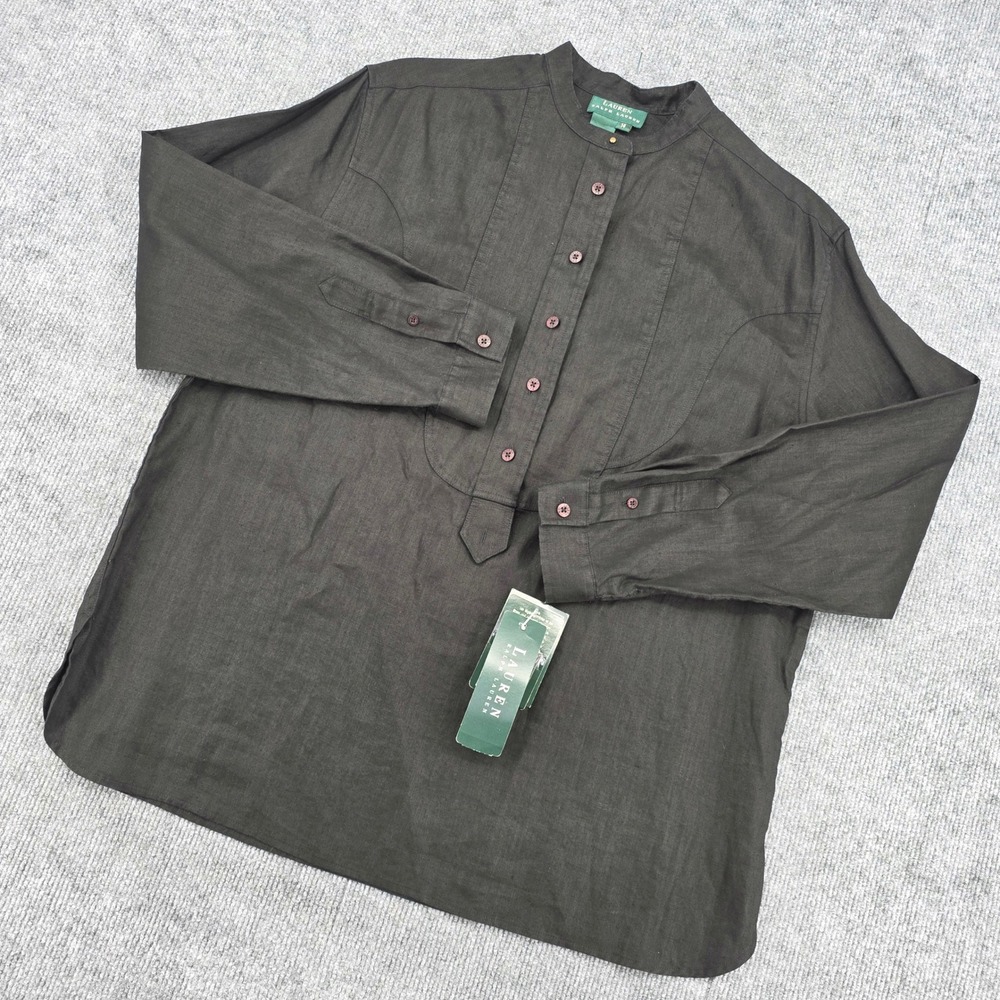 Lauren Ralph Lauren Westbury Black Linen Bib Tunic Blouse Sz 14 NEW